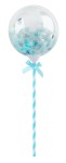 Balon transparentny na patyczku z konfetti niebieskim