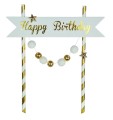 Dekoracja tortu Happy Birthday - pomponiki złote
