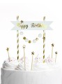 Dekoracja tortu Happy Birthday - pomponiki złote
