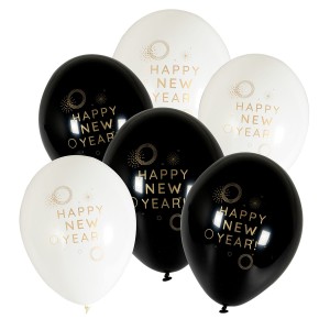 Balony ze złotym nadrukiem Happy New Year (6 szt.)