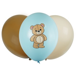Balony pastelowe - miś (niebieskie z nadrukiem, beżowe, brązowe)